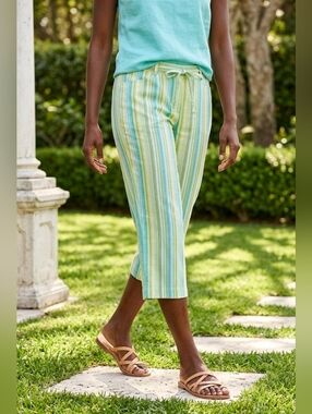 🔺️Sag Harbor Sport Turquoise & Lime Striped Capri Pants Petite 6
